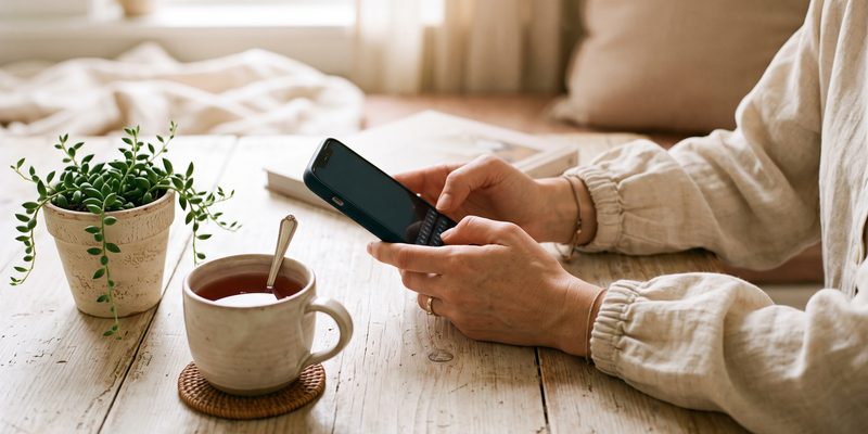 A client's hands typing a message on a phone beside a cup of tea