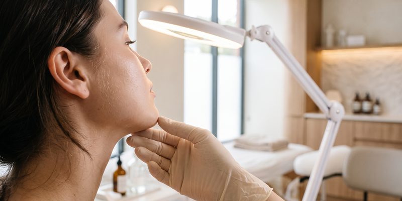 A client's cheek and jaw in profile under a magnifying lamp, a gloved hand at the chin