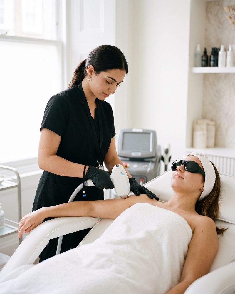 A practitioner giving laser hair removal to a client on the treatment couch